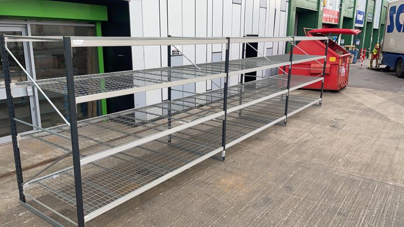 front view of Long span shelving with steel mesh decks