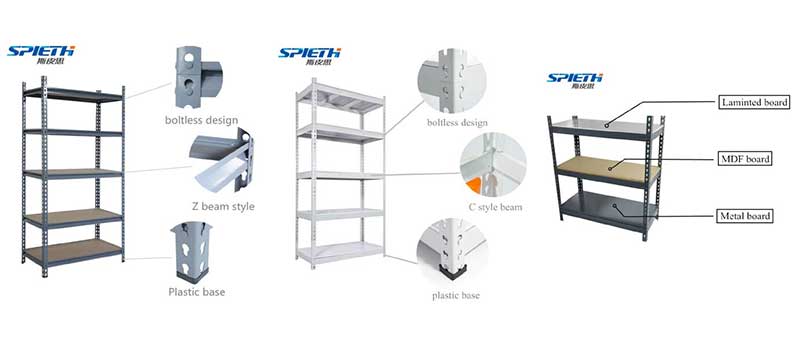 Three types of light duty shelving