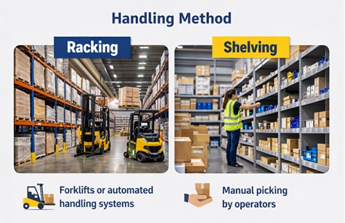 Side by side comparison of pallet racking forklift handling and shelving manual picking in warehouse