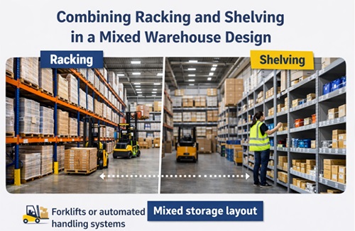 Mixed warehouse layout combining pallet racking for bulk storage and shelving for manual picking areas