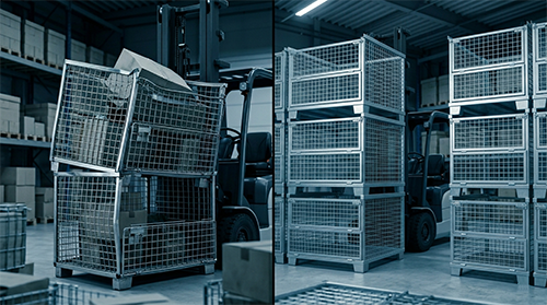 warehouse stacking wire mesh containers 3 layer stability forklift