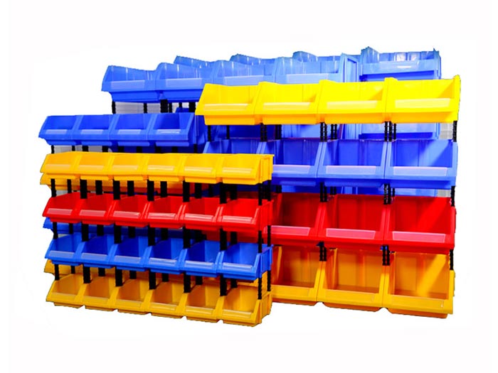 Stackable blue plastic storage parts bins