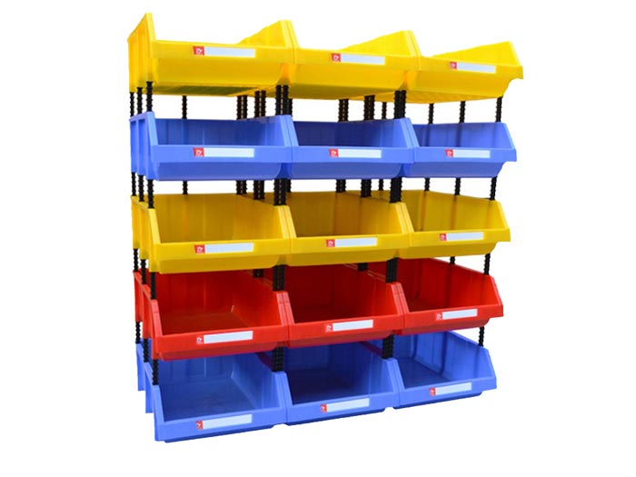 Stackable blue plastic storage parts bins