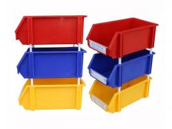 Stackable blue plastic storage parts bins