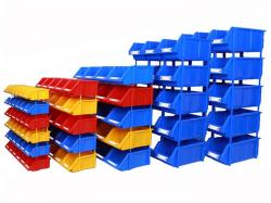 Stackable blue plastic storage parts bins